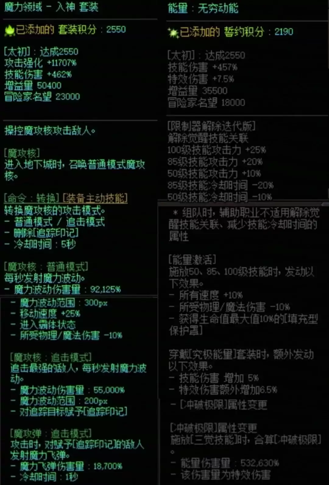 DNF魔力套加能量搭配属性总览