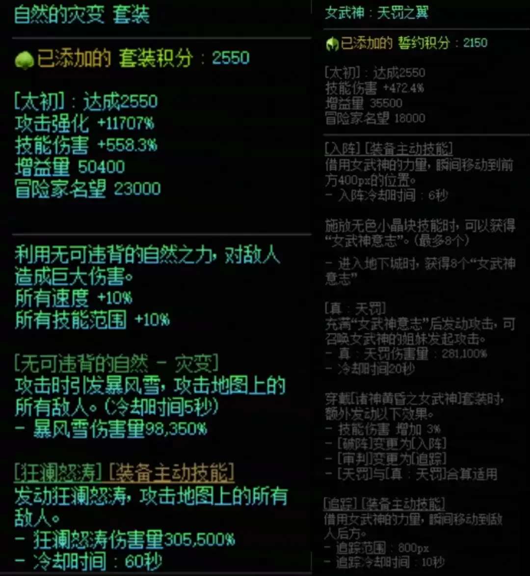 DNF自然套加女武神搭配属性一览