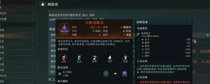 《太吾绘卷：天幕心帷》峨眉派泛用功法总览-大般涅槃法等核心技能解析