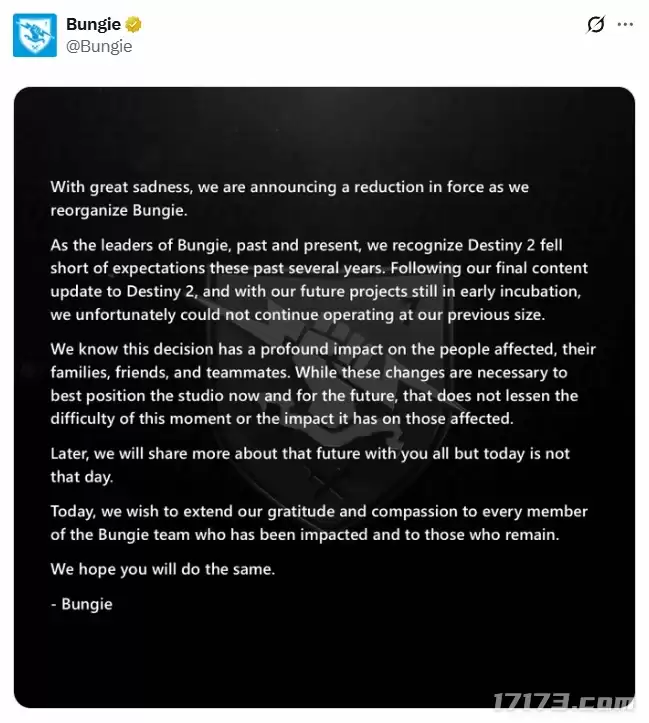 Bungie官宣大规模裁员：承认《命运2》未达预期：索尼确认多数开发团队被裁