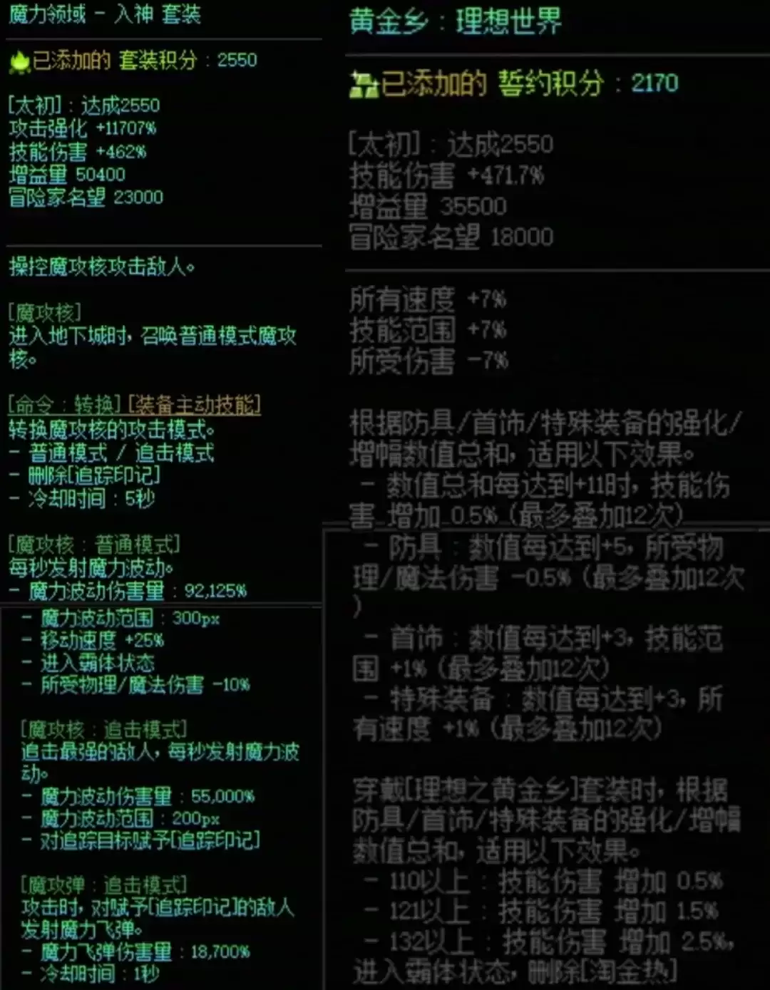 DNF魔力套加黄金乡属性搭配一览
