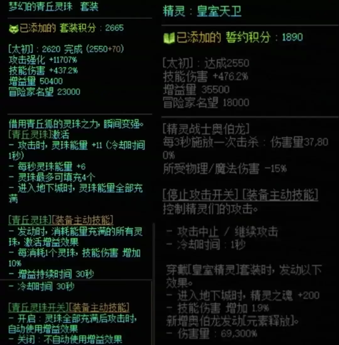 DNF青丘套与精灵国度搭配属性一览