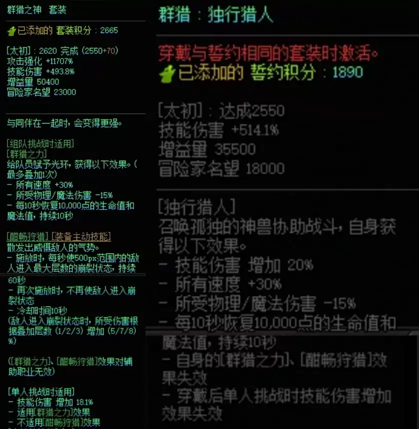 DNF群猎套和群猎誓约左搭配属性一览