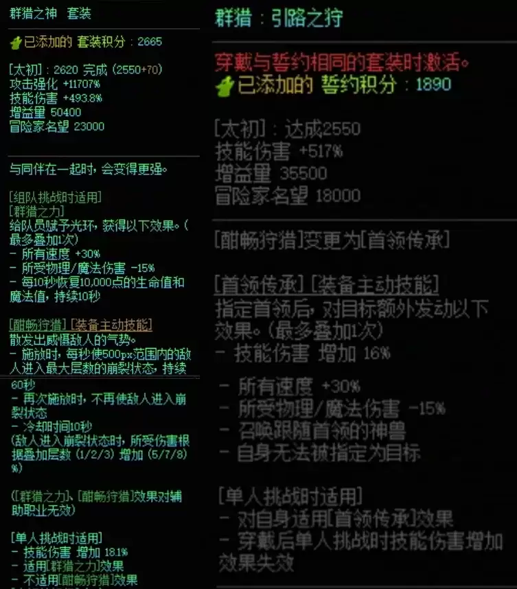 DNF群猎套与群猎誓约右搭配属性一览