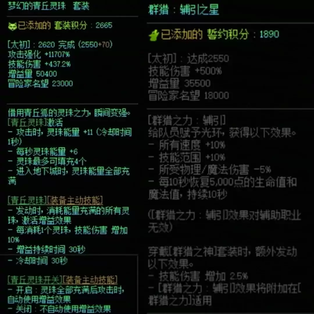 DNF群猎套加青丘灵珠搭配属性一览