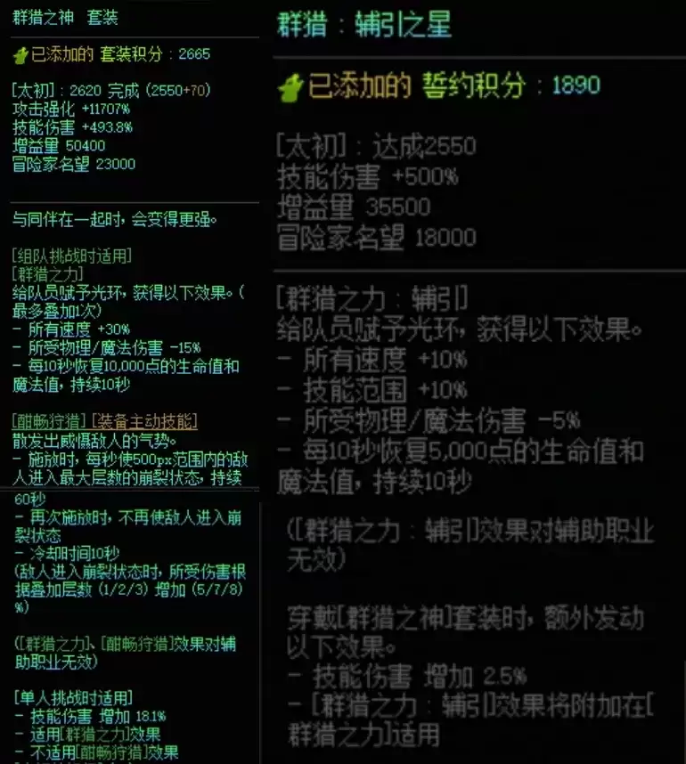 DNF群猎套加群猎誓约中搭配属性一览