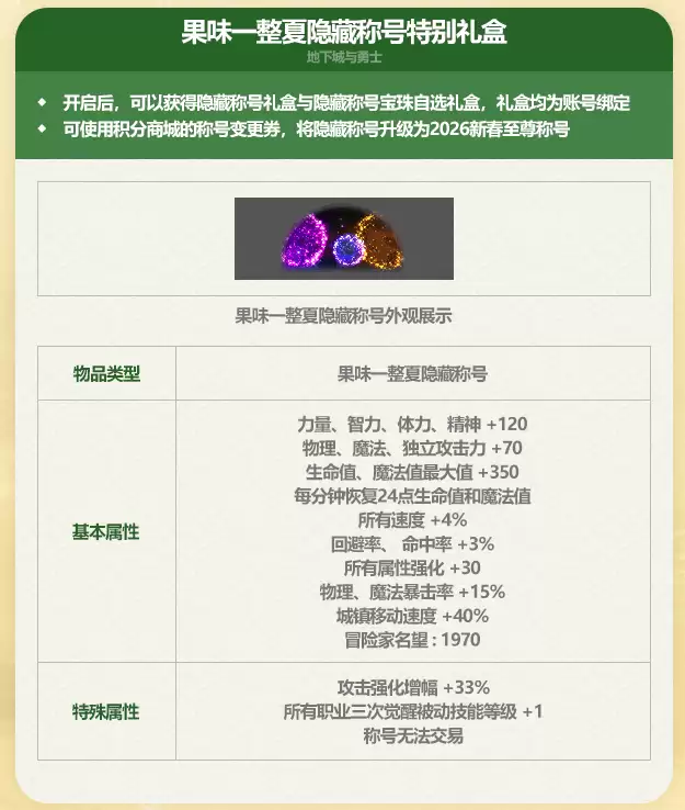 DNF2026夏日套至尊称号属性一览