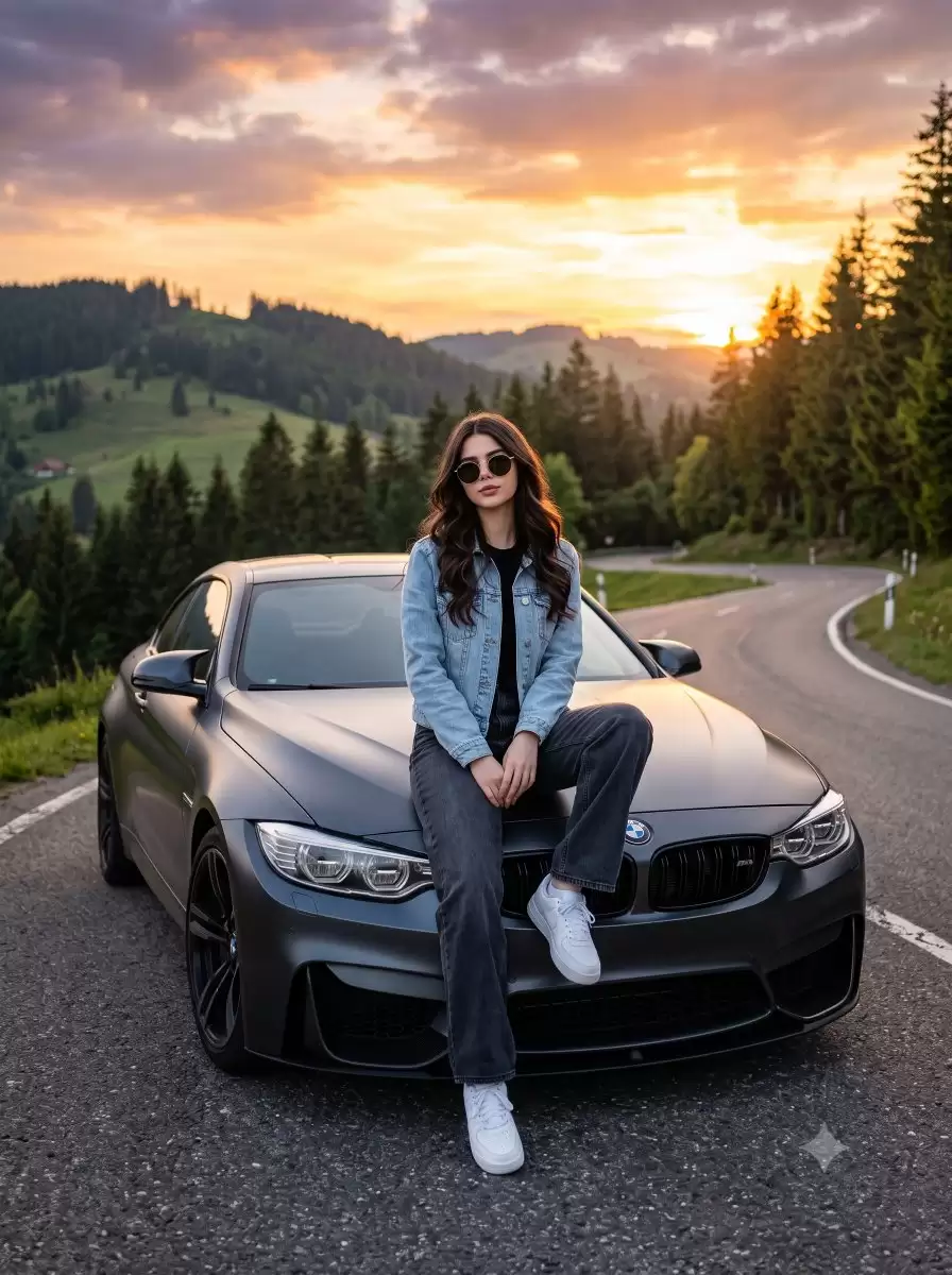 电影质感女性和 BMW 肖像