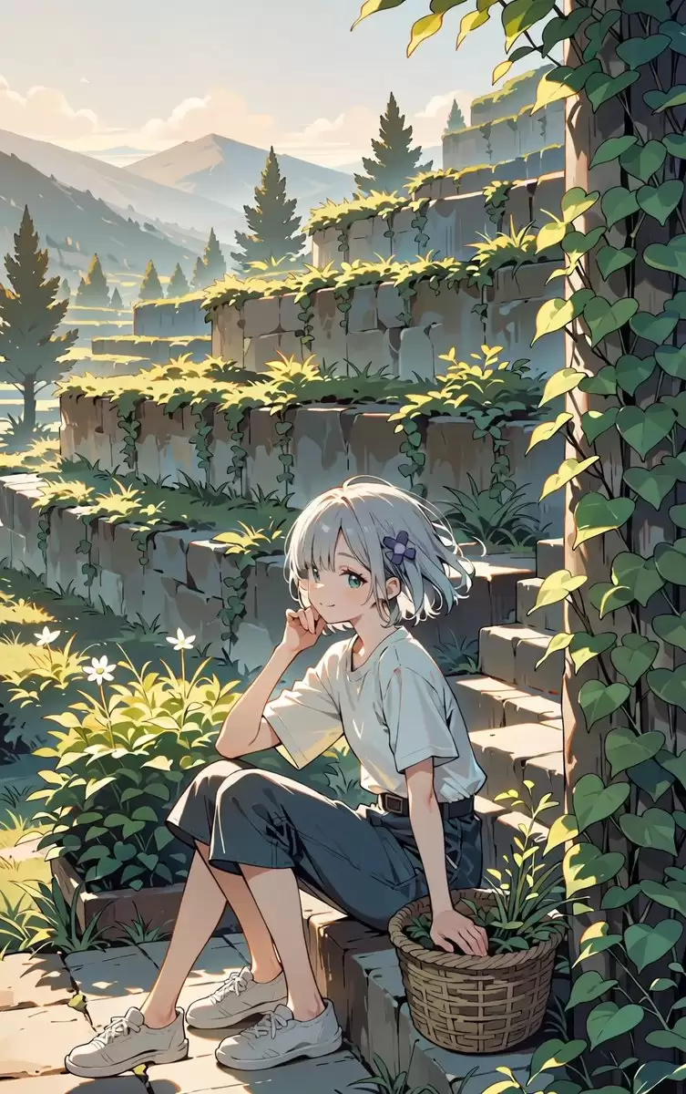长满绿植的山间花园中的动漫少女