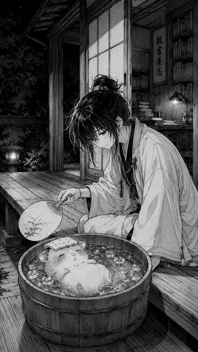 漫画风格：阳台仓鼠泡冰浴