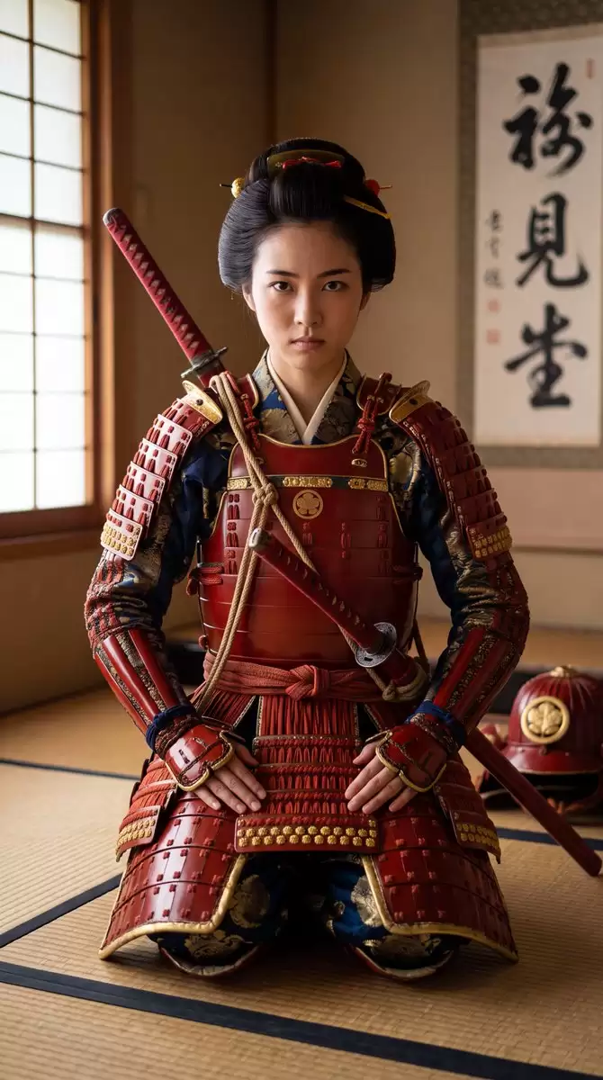 身着红色铠甲的日本女武士