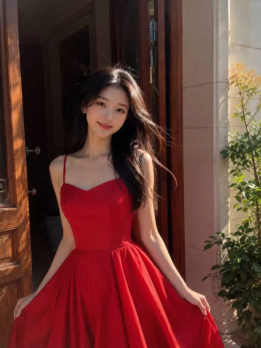 身着红色缎面裙的女性阳光肖像