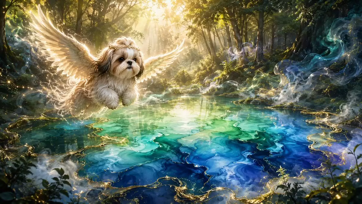 水墨池塘上的天使西施犬