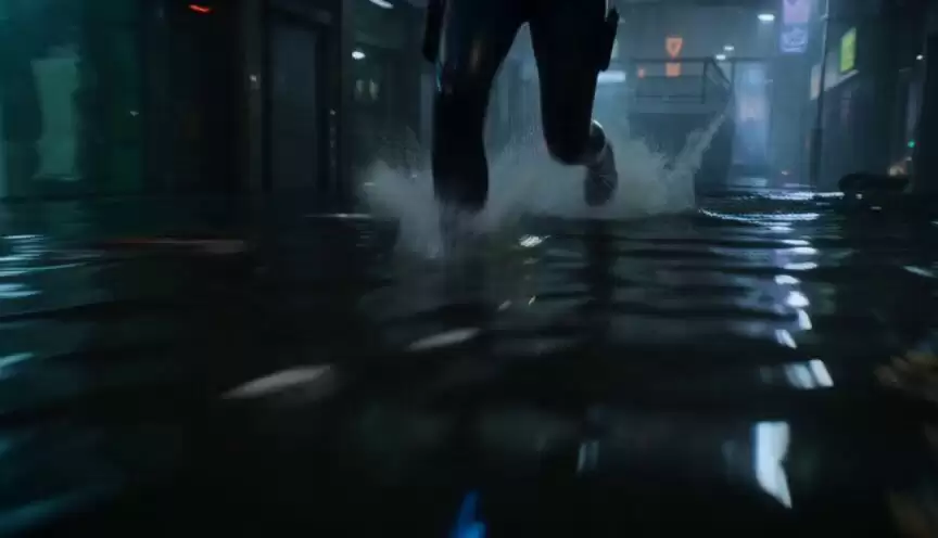 Flooded Cyberpunk District Action Sequence