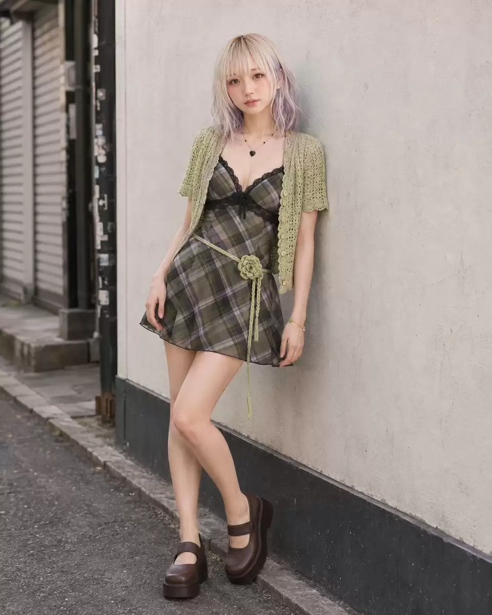 Pistachio Crochet Cardigan and Plaid Mini Dress
