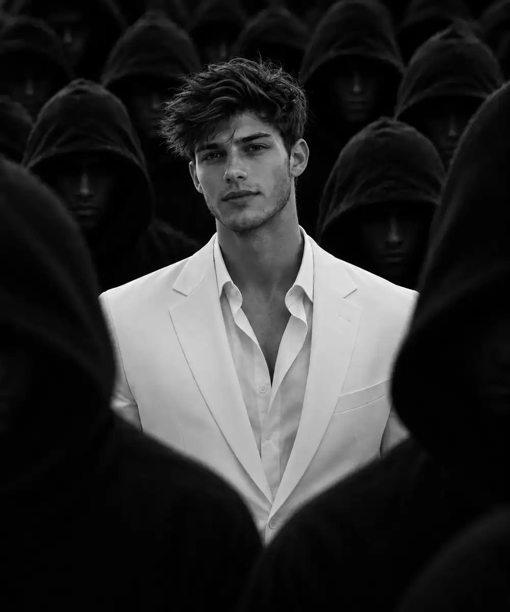 White Suit Man in Hooded Crowd