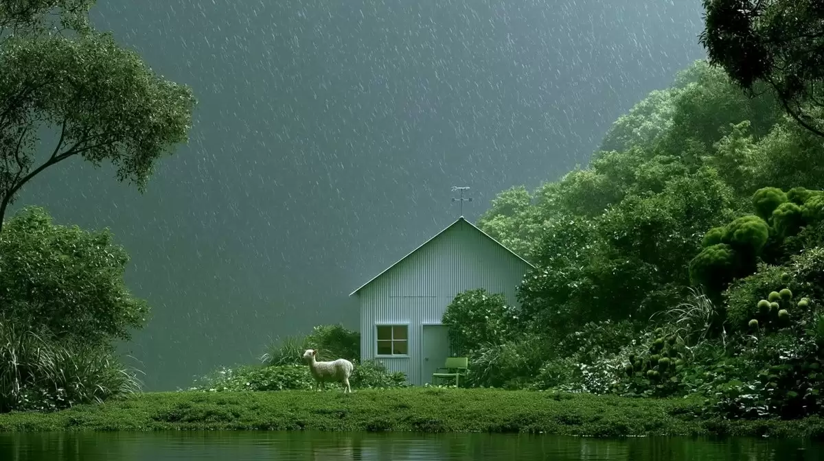 雨中乡村小屋花园与绵羊