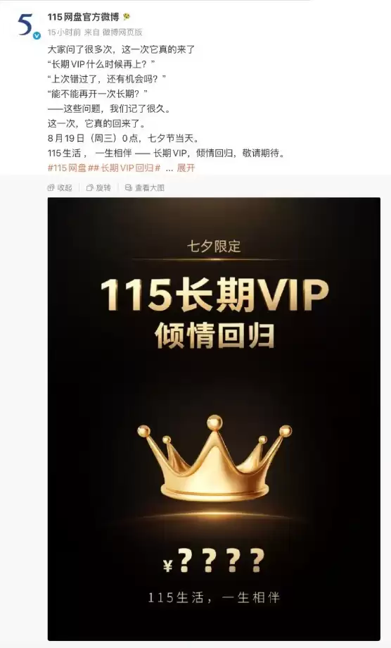 115网盘2999元长期VIP套餐回归，但不再附赠存储空间