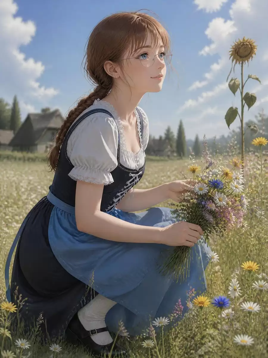 野花草地上的动漫少女