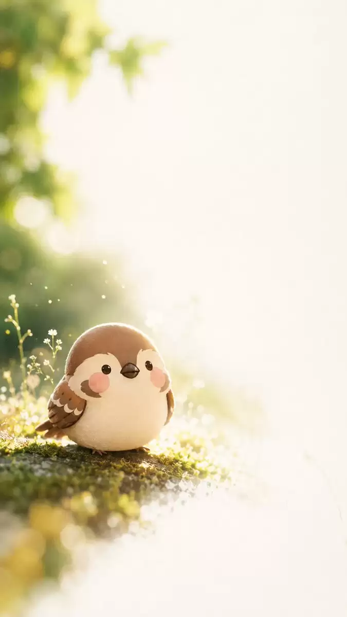 苔藓阳光下梦幻般的毛绒小麻雀